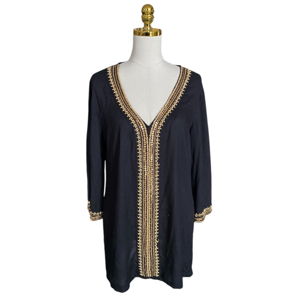 MIRA Black V-neck 3/4 Sleeve Gold Beads Embroidered Boho Flowy Tunic Womens Sz L